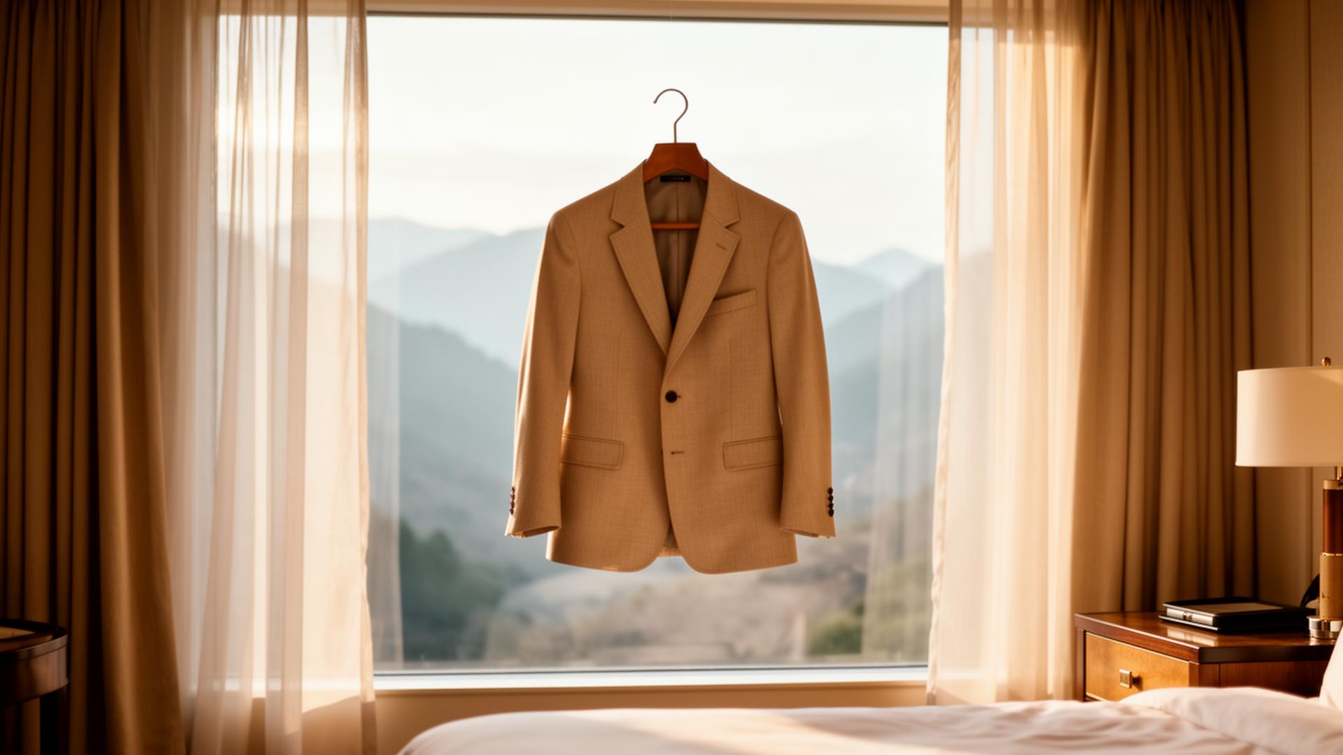 Tailored blazer on a hanger by a hotel window